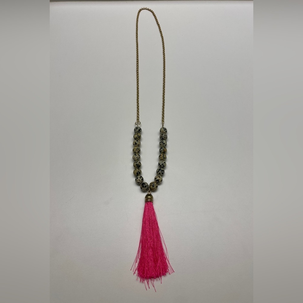 Statement pink fringe necklace - 18.5” long